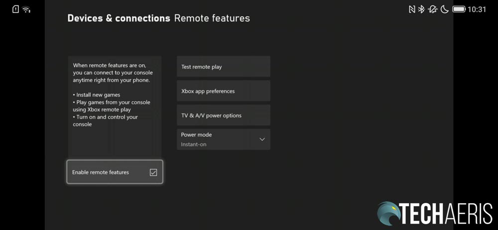 Xbox screenshot showing Enable remote features checked