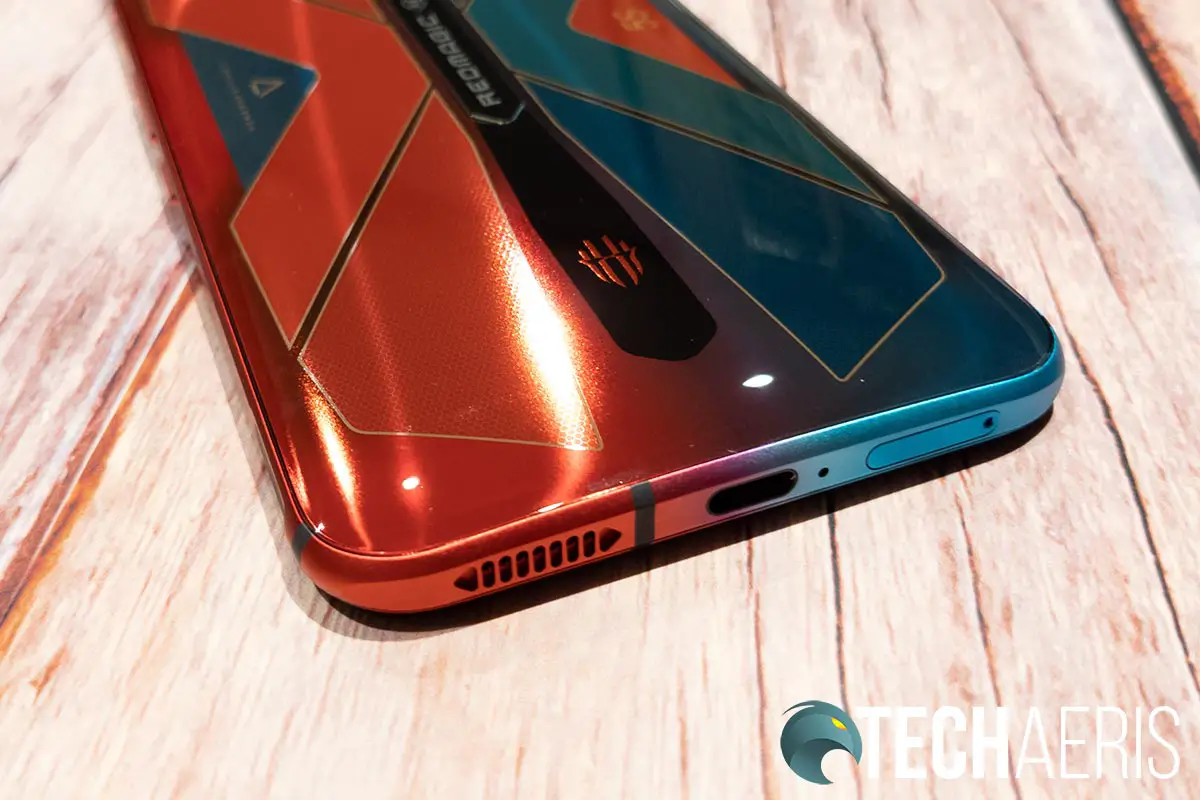 The bottom edge of the nubia RedMagic 5S Android gaming smartphone