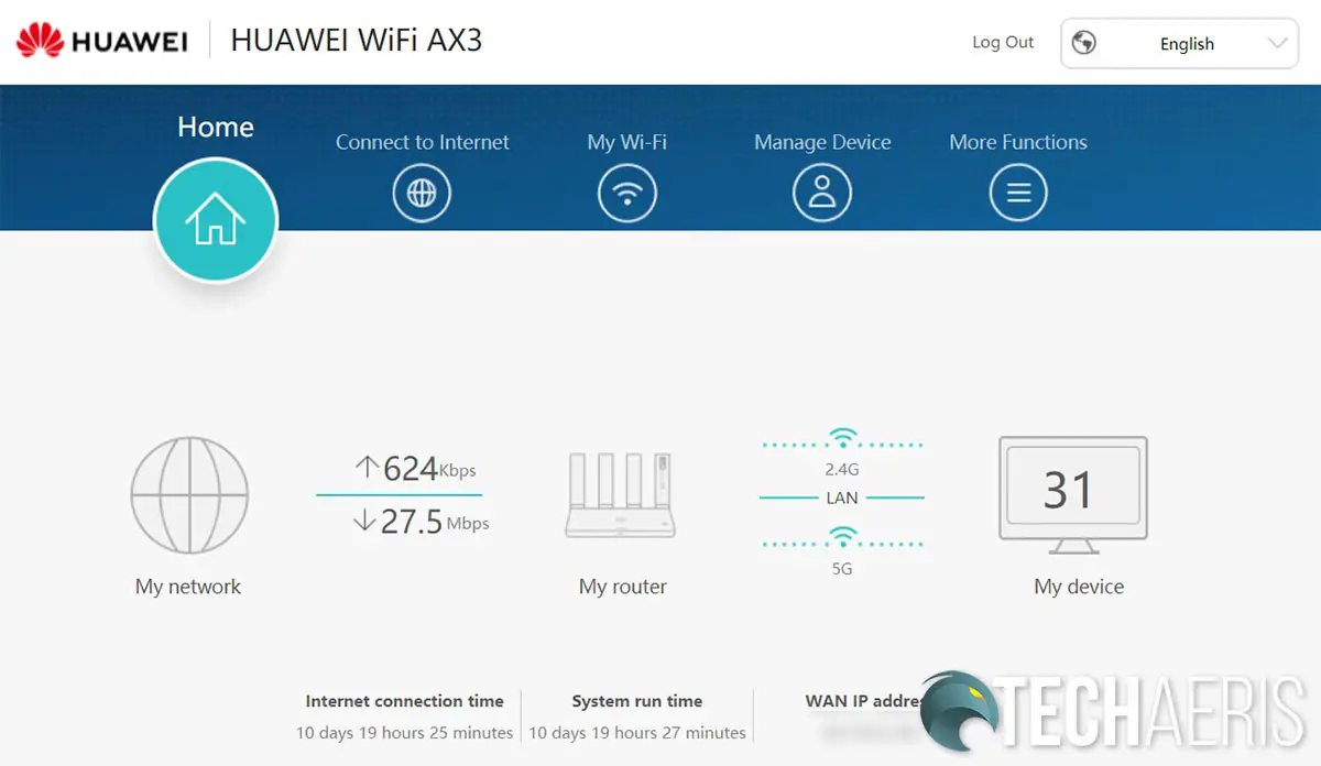 Main screen of the web interface for the Huawei WiFi AX3 3000Mbps Wi-Fi 6 router