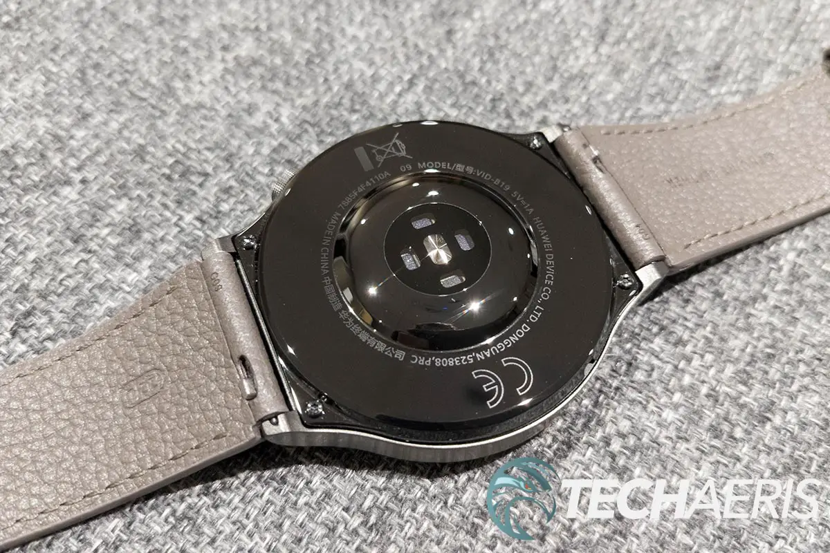 The sensors on the bottom of the Huawei Watch GT 2 Pro fitness smartwatch