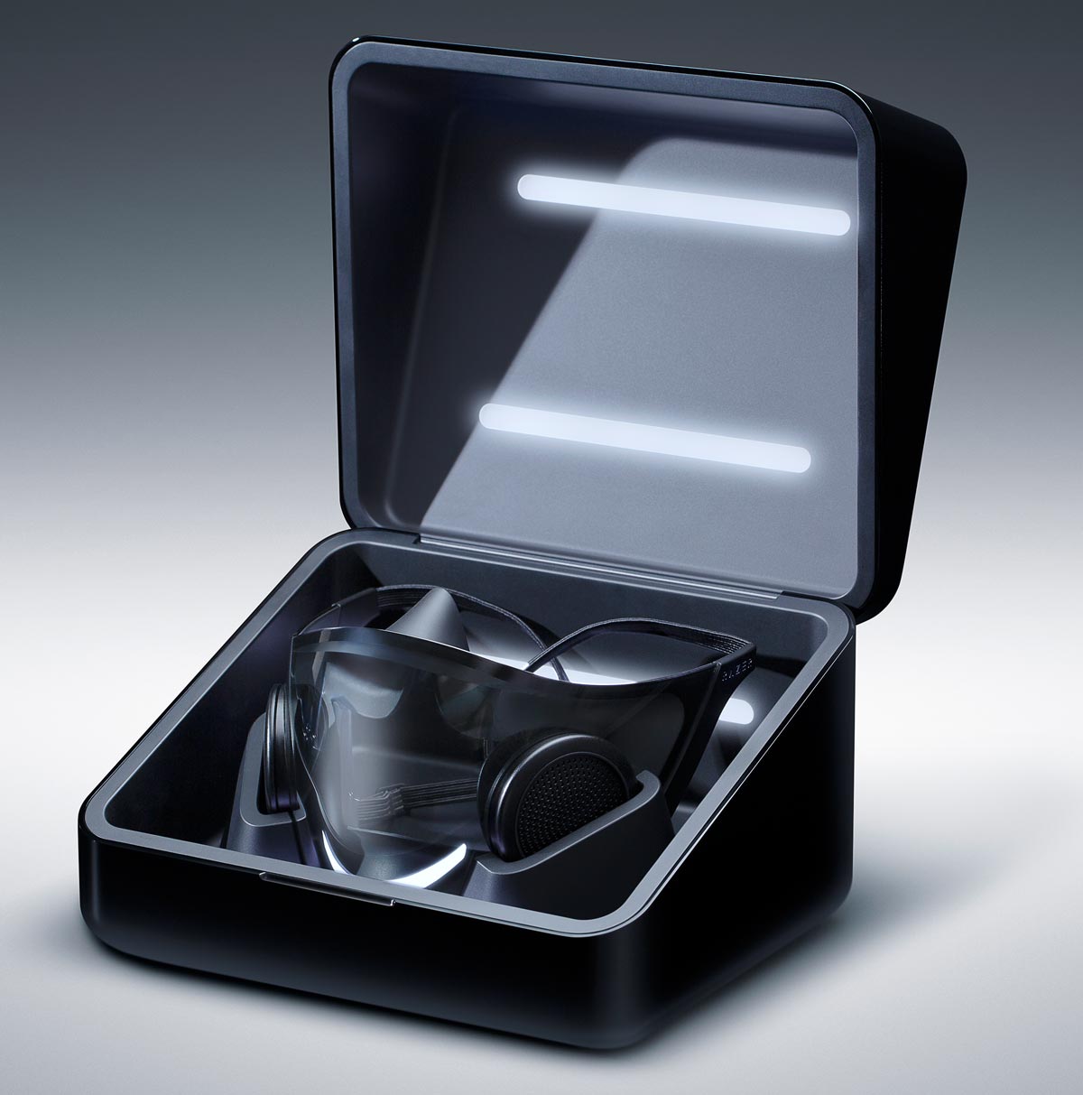 The Razer Project Hazel face mask in its charging/sanitizing case