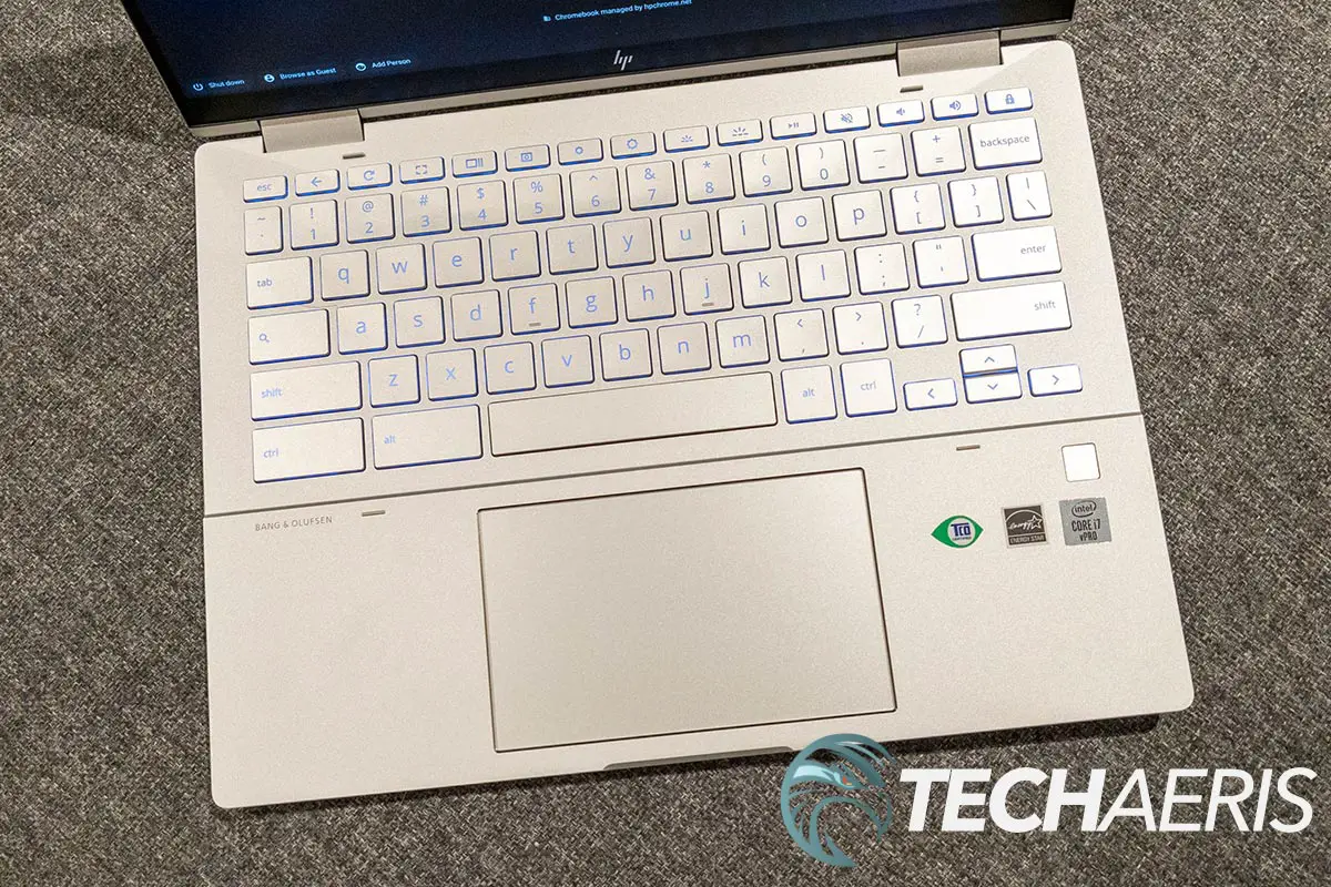 The backlit keyboard and touchpad on the HP Elite c1030 Chromebook Enterprise