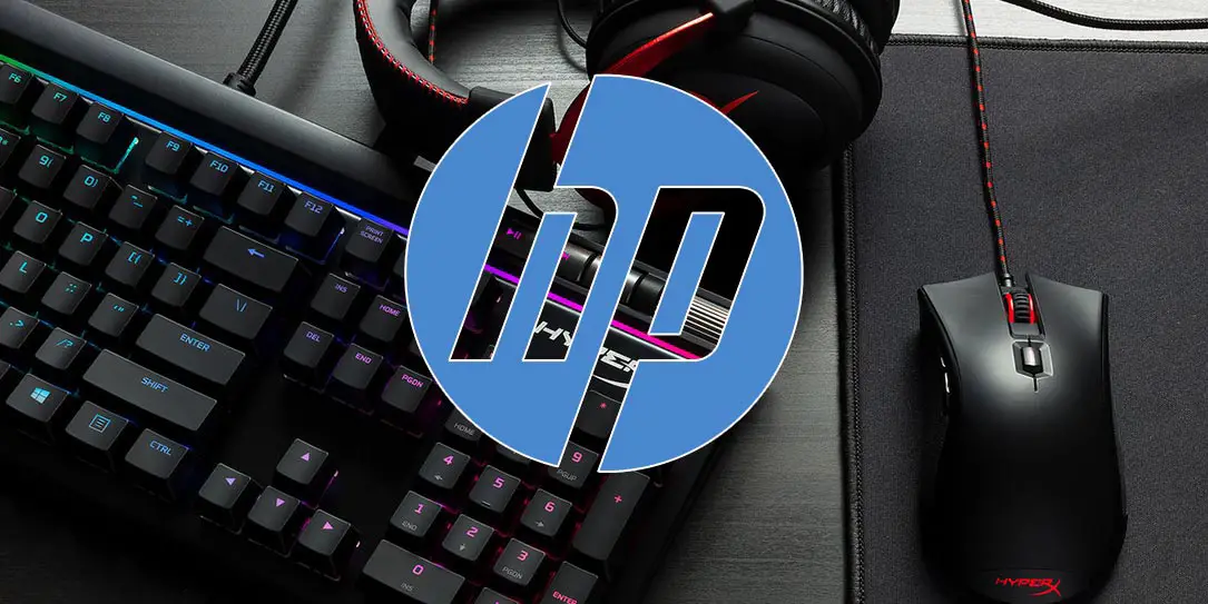 HP logo over HyperX keyboard, mouse, and headset