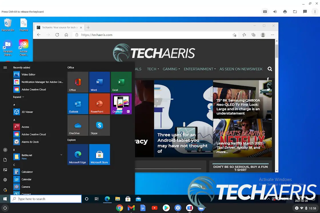 Parallels Desktop screenshot running Windows 10 on a Chromebook