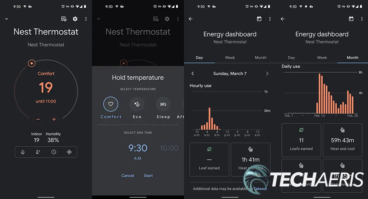 Google Home app screenshots for the Google Nest Thermostat