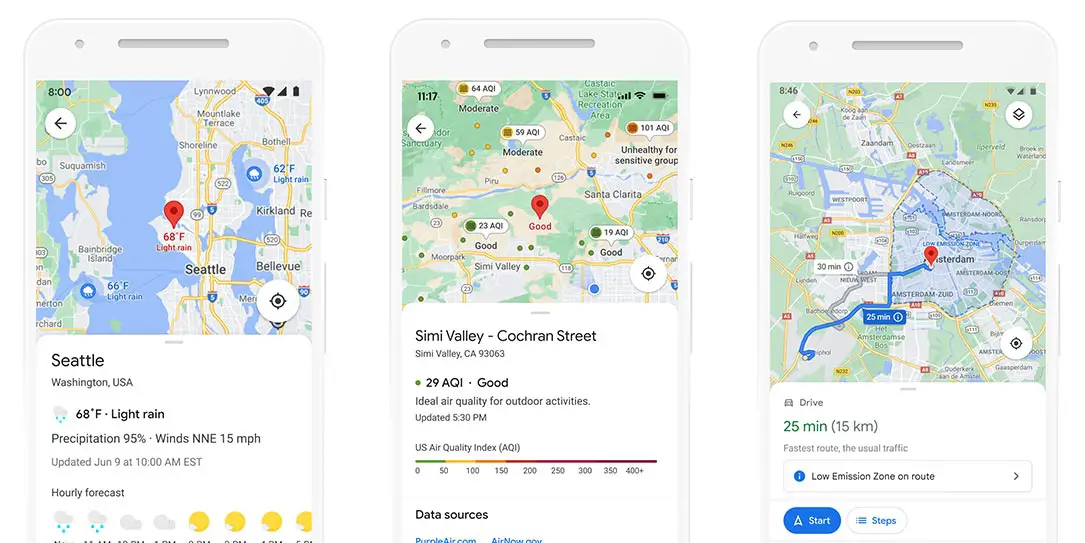 Google Maps weather, air quality, and emissions zone layers