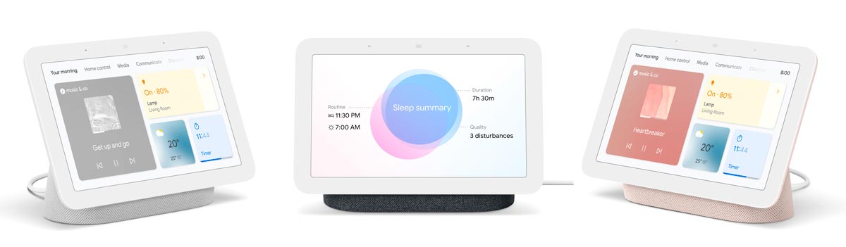 Three of the four colour variations the second-generation Nest Hub will be available in