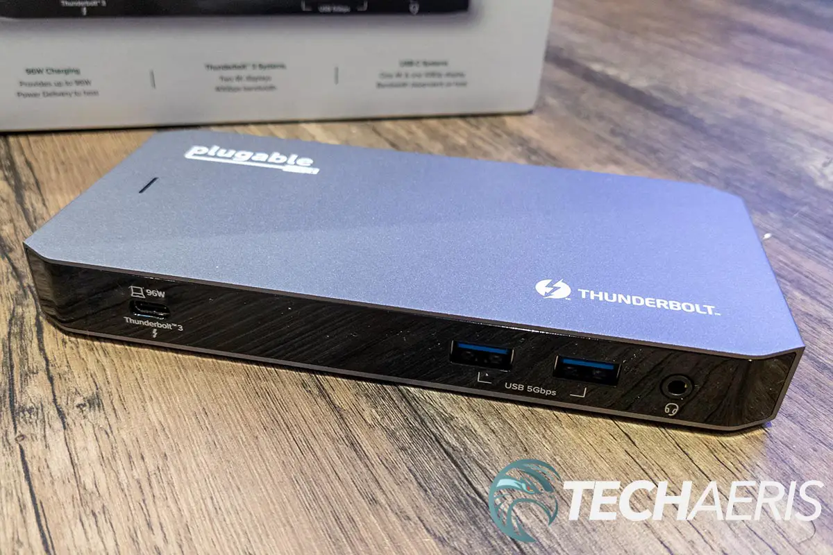 The front of the Plugable TBT3-UDC3 Thunderbolt 3 and USB-C Dual Display Dock with 96W Host Charging