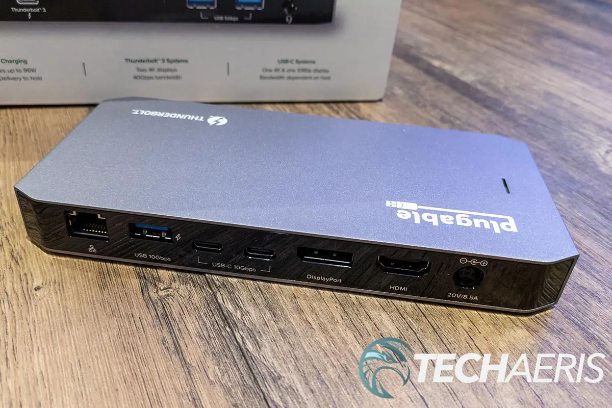 The back of the Plugable TBT3-UDC3 Thunderbolt 3 and USB-C Dual Display Dock with 96W Host Charging