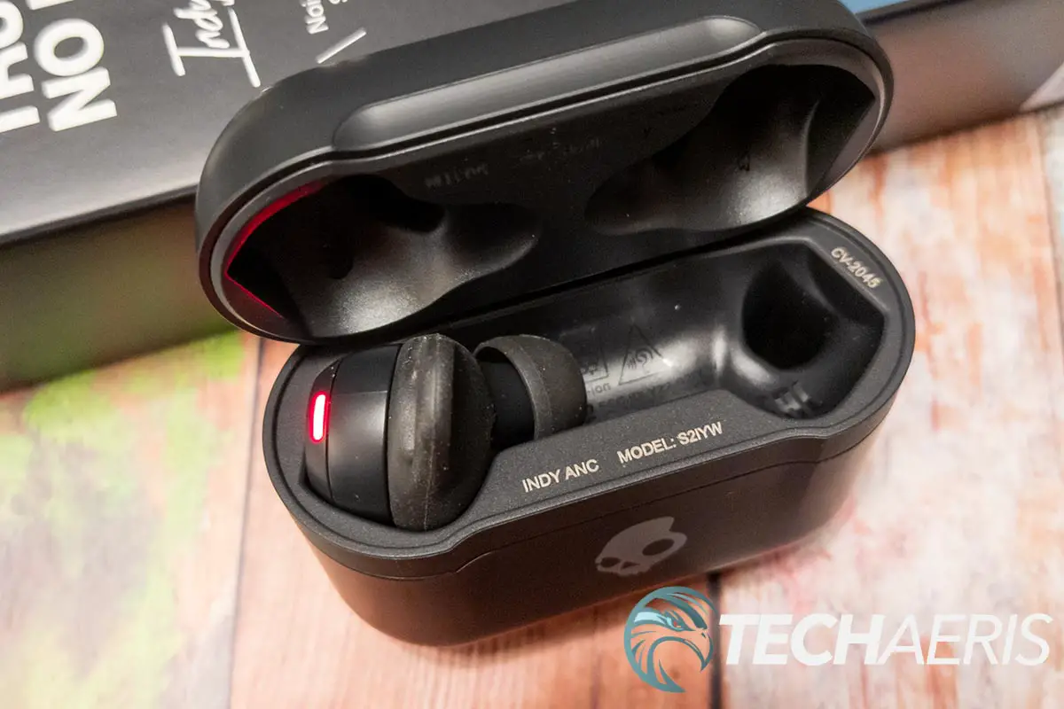 The Skullcandy Indy ANC true wireless earbuds inside the included charging case