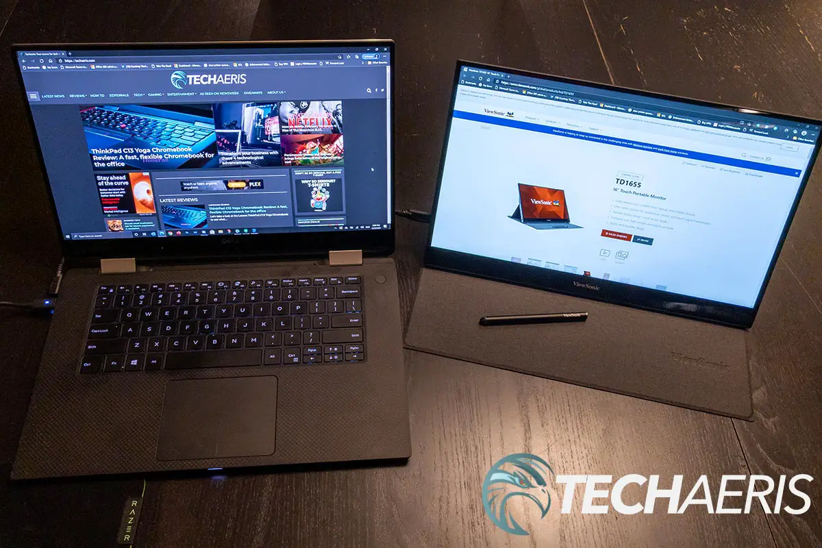 The ViewSonic TD1655 portable touchscreen monitor connected to a laptop