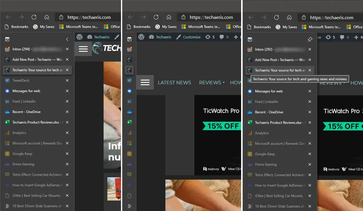 Vertical tabs in Microsoft Edge in default (L), collapsed, and rollover states