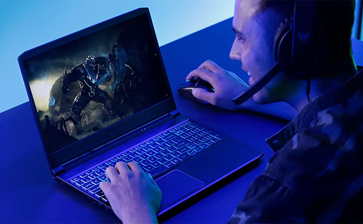 Acer Predator Triton 300 gaming laptop with man playing games