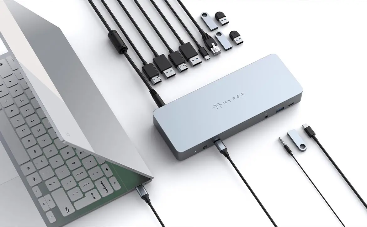 HYPER Chromebook USB-C hub and docking station with Chromebook and cables