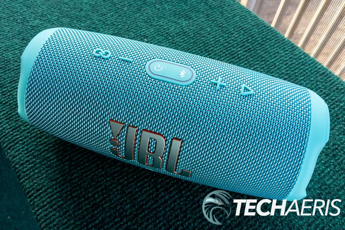 The buttons on the top of the JBL Charge 5 portable Bluetooth speaker