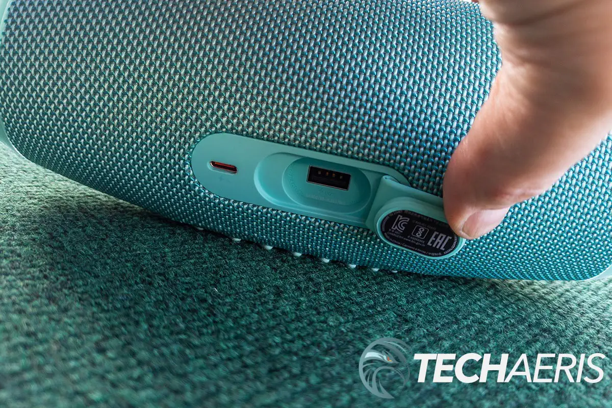 Easily recharge the JBL Charge 5 portable Bluetooth speaker over USB-C or charge your smartphone from the speaker via USB-A