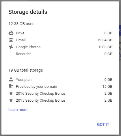 Example Google storage quota pop-up showing storage used