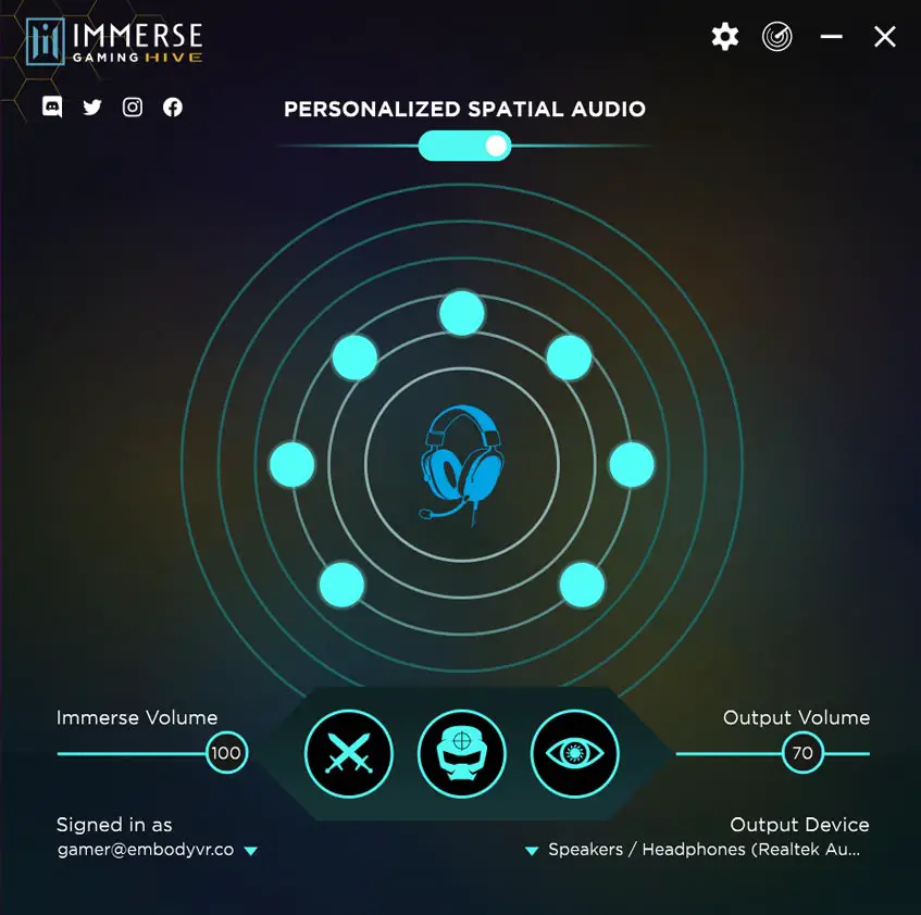 The Immerse Gaming Hive AI-assisted spatial audio PC software screenshot