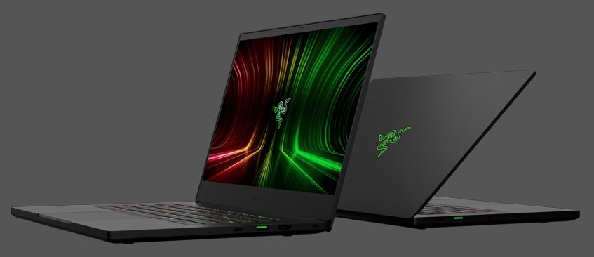 Razer Blade 14 gaming laptop front and back 3/4 views