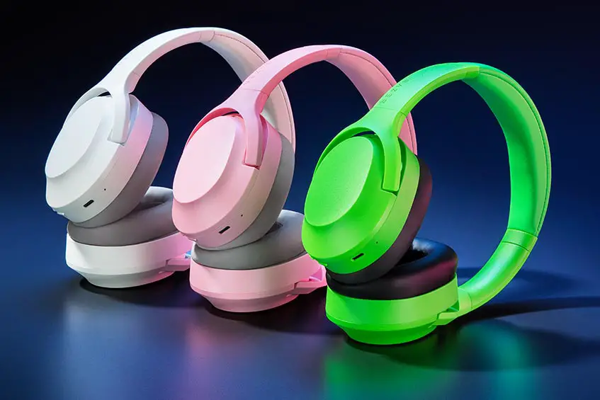 The Razer Opus X wireless ANC headset in Mercury White, Quartz Pink, and Razer Green