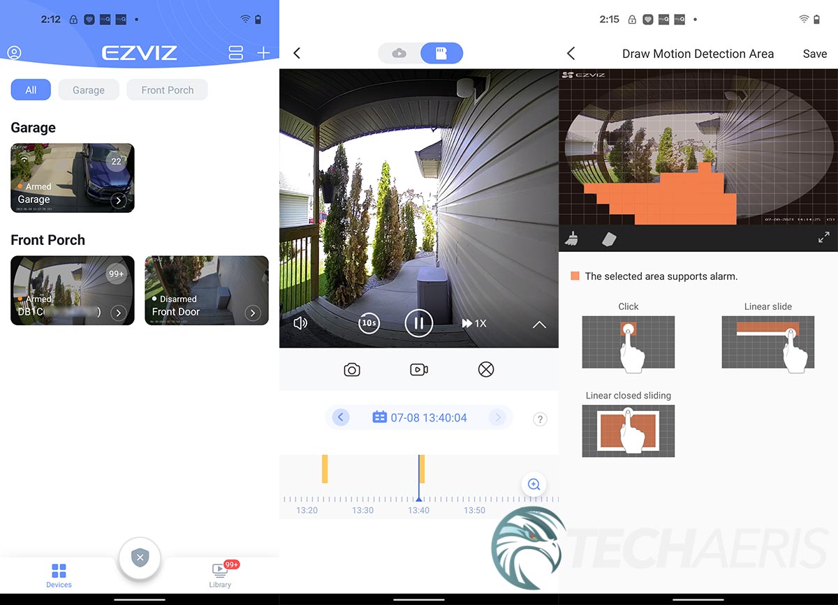 EZVIZ Android app screenshots for the DB1C Wi-Fi Video Doorbell