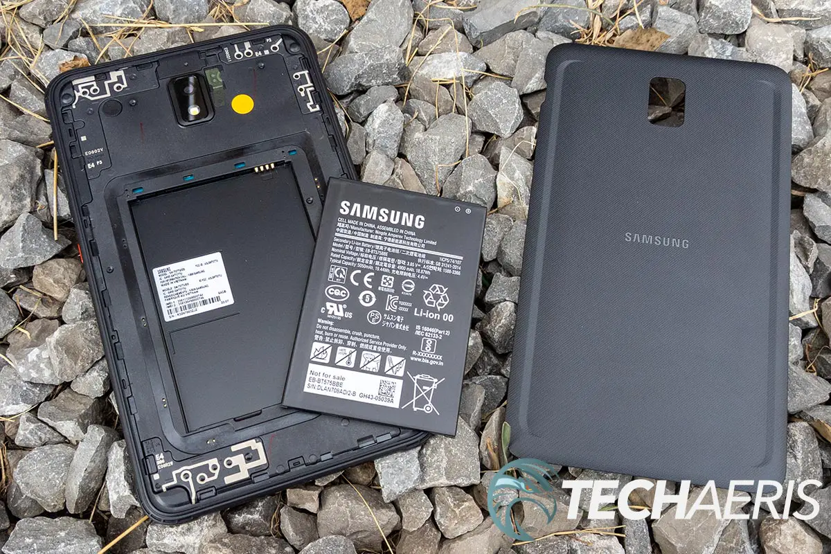 The Samsung Galaxy Tab Active3 Android tablet with the back and replaceable battery removed