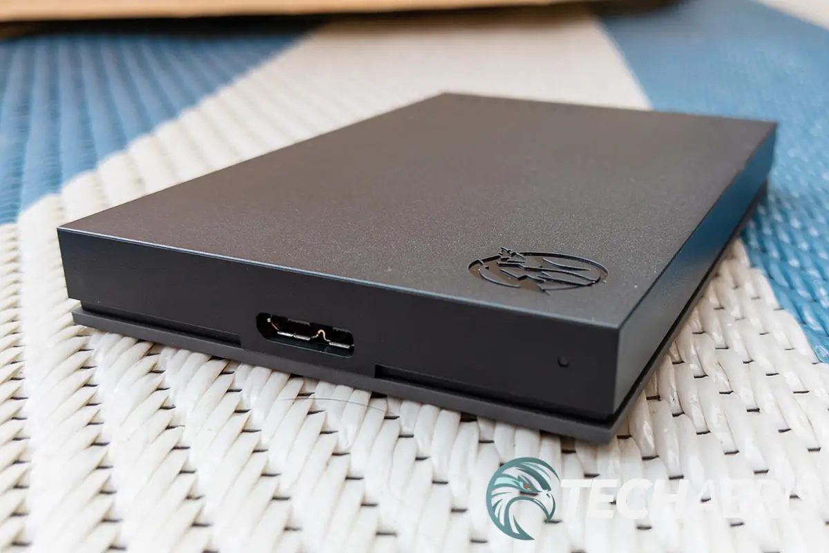 The USB 3 micro-B port on the back of the Seagate Gaming FireCuda Gaming Hard Drive