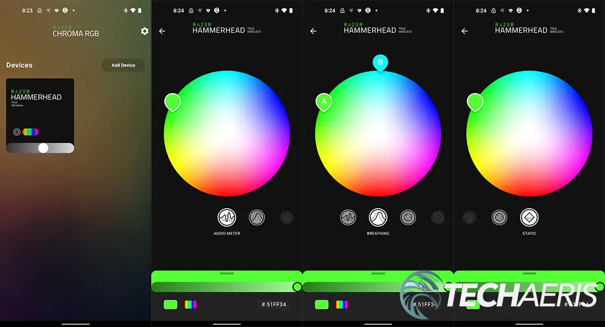 Screenshots from the Razer Chroma RGB Android app