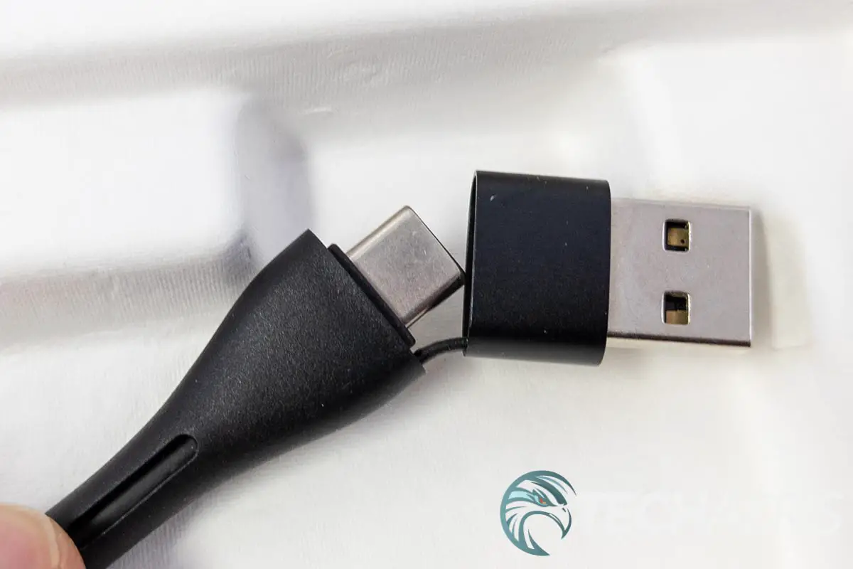 The USB-C cable can be used with USB-C or USB-A connections