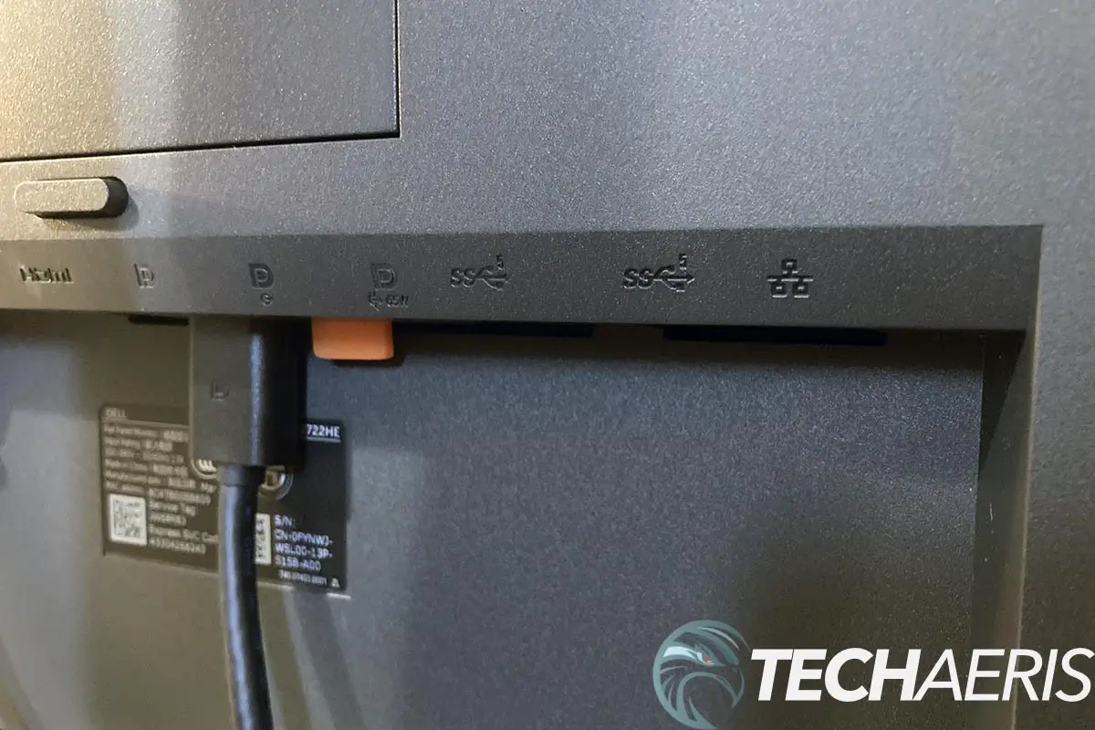 The input ports are hidden on the back of the Dell P2722HE USB-C Hub Monitor