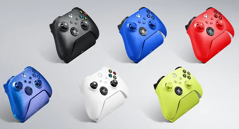 The various colours of the new Razer Universal Quick Charging Stands console accessories for Xbox