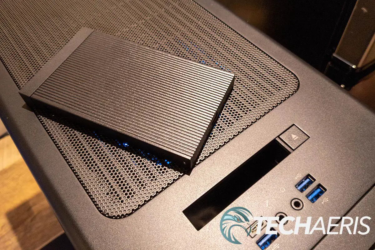 The removable SATA enclosure on the top of the Acer Predator Orion 7000 gaming desktop (pre-production unit shown)