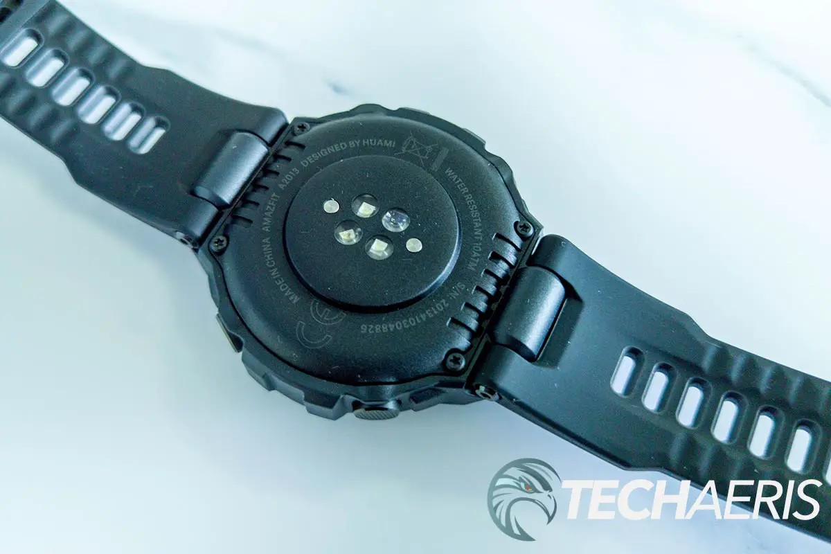 The heart rate sensor on the back of the Amazfit T-Rex Pro rugged fitness smartwatch