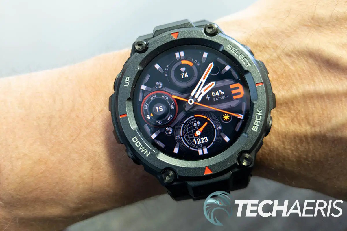 One of the five watch faces available on the Amazfit T-Rex Pro rugged fitness smartwatch