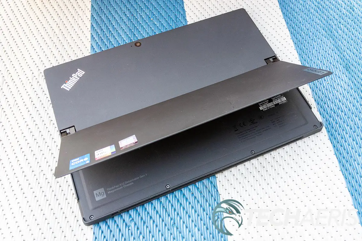 The full-width kickstand on the back of the Lenovo ThinkPad X12 Detachable Windows tablet 2-in-1 laptop computer