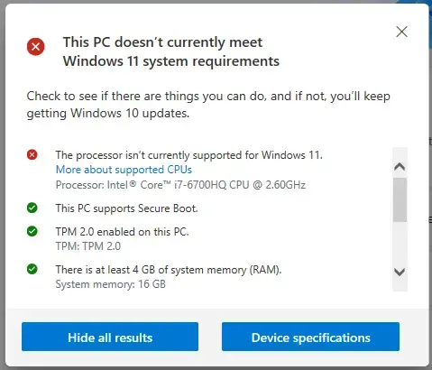 Windows 11 PC Health Checkup app showing unsupported processor