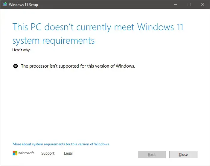 Windows 11 installation screenshot showing that the PC doesn't meet Windows 11 system requirements