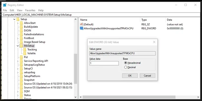 Windows 10 registry editor showing Windows 11 registry key error bypass
