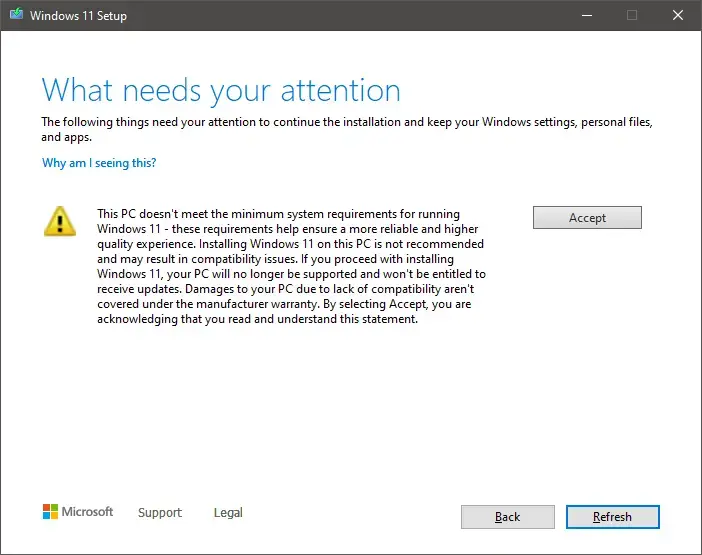 Screenshot from Windows 11 installation warning you that your system does not meet the minimum system requirements for Windows 11
