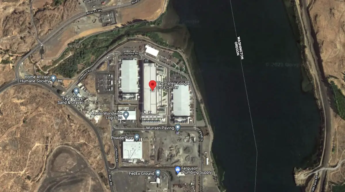 Google's current data center, in The Dalles, is located on the Columbia River.