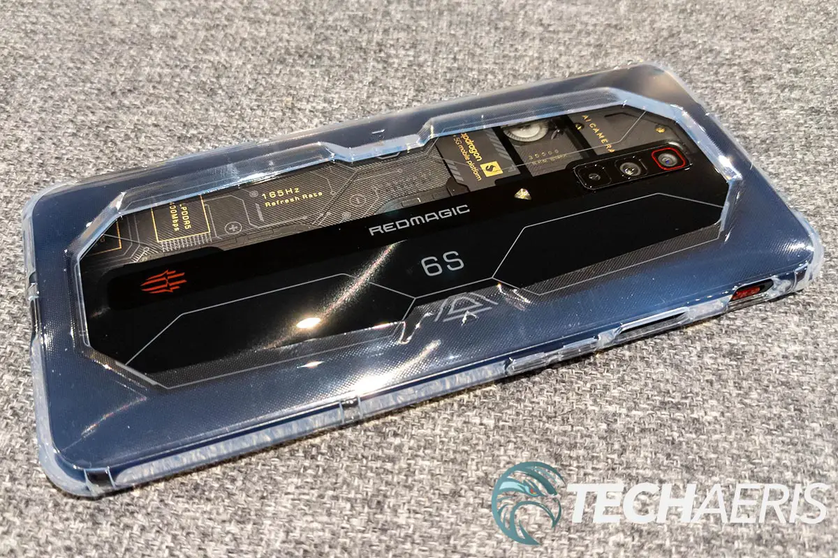 The back of the RedMagic 6S Pro gaming smartphone with the included case