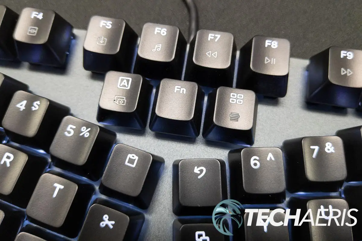 The CAPS LOCK, Fn, and Windows key on the top of the Truly Ergonomic CLEAVE keyboard