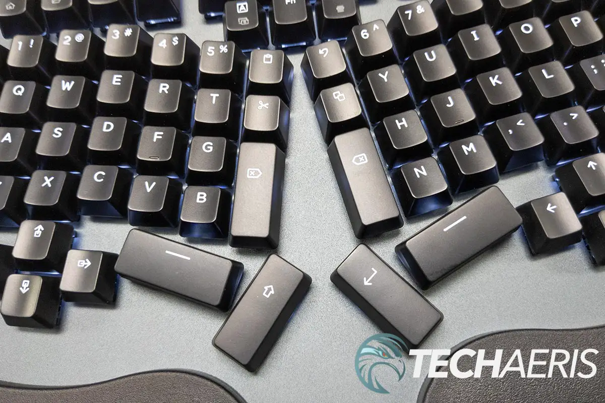 The vertical middle delete, backspace, enter, and shift keys on the Truly Ergonomic CLEAVE keyboard