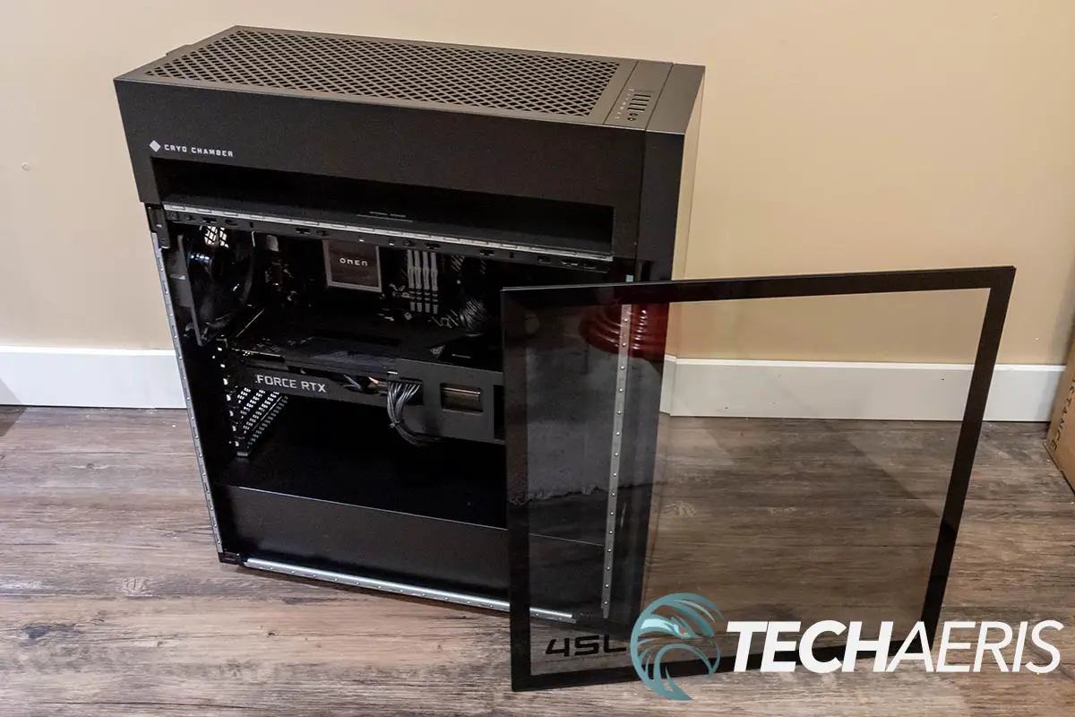 The left side of the HP OMEN 45L gaming desktop with side panel removed