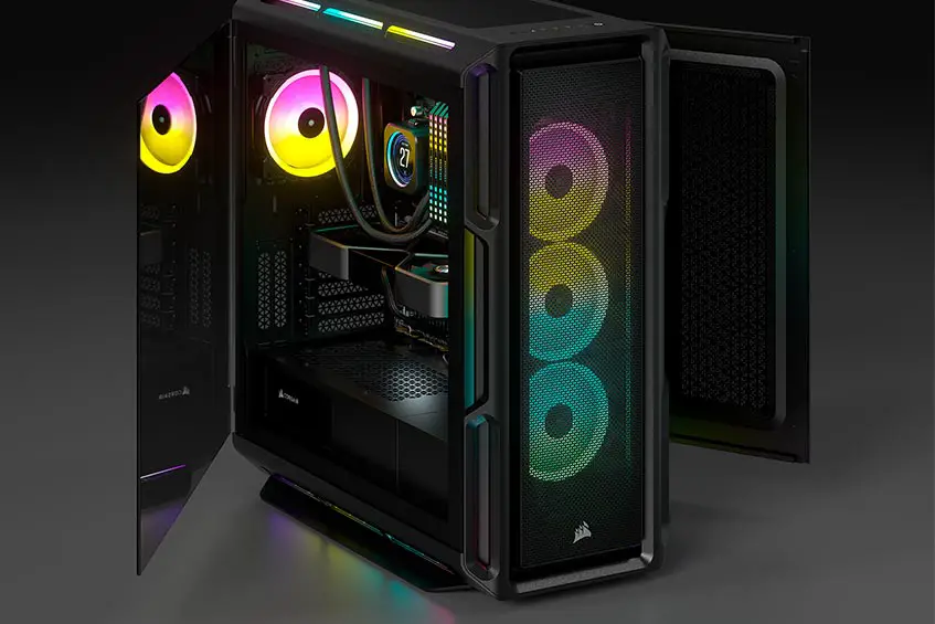CORSAIR's 5000T mid-tower PC case with RGB LEDs.