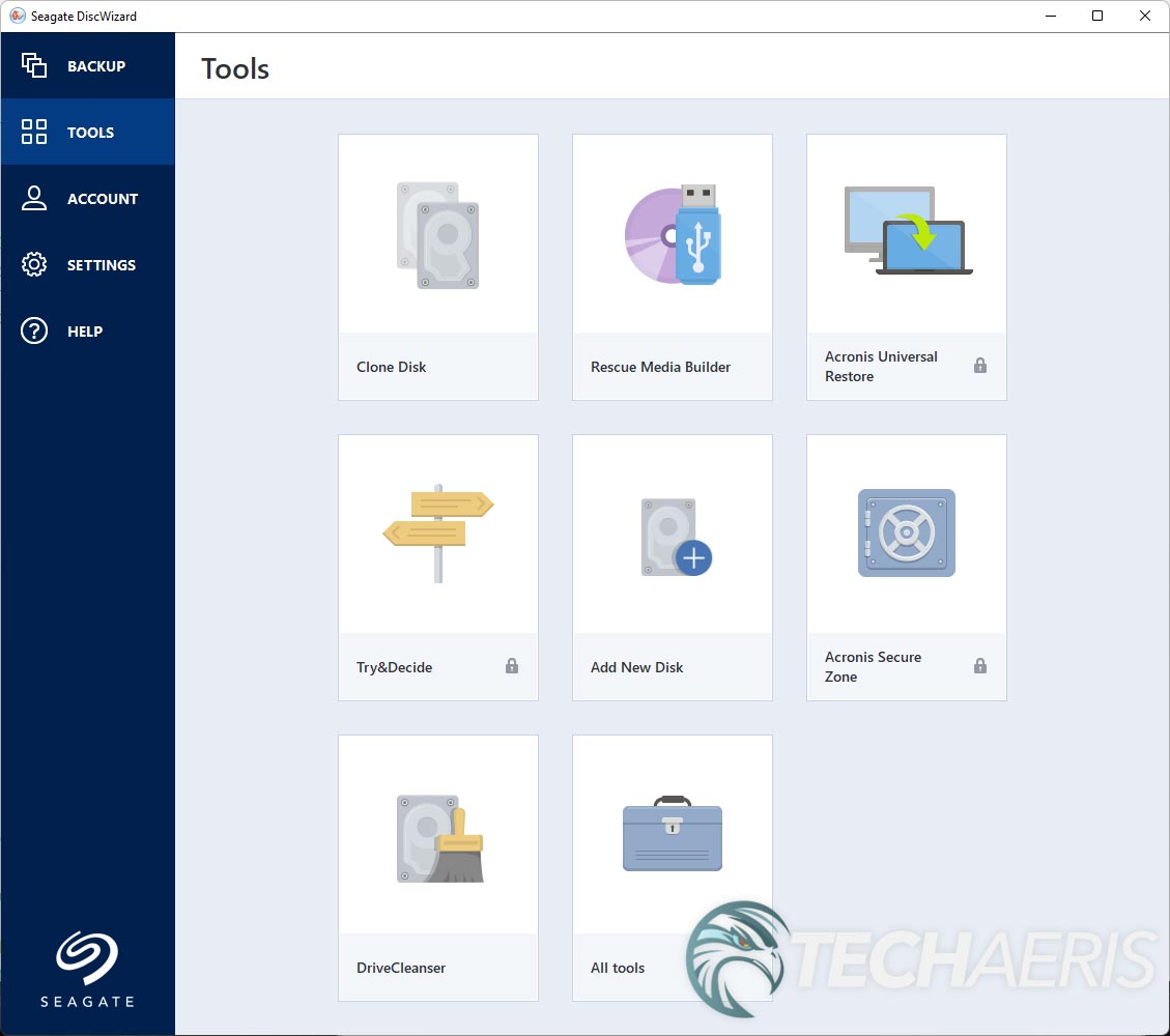 Screenshot of the main screen of the Seagate DiscWizard Windows application