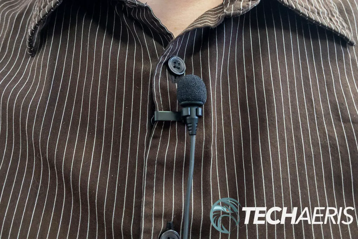 The Sennheiser XS Lav USB-C microphone has a clip for attaching to clothing