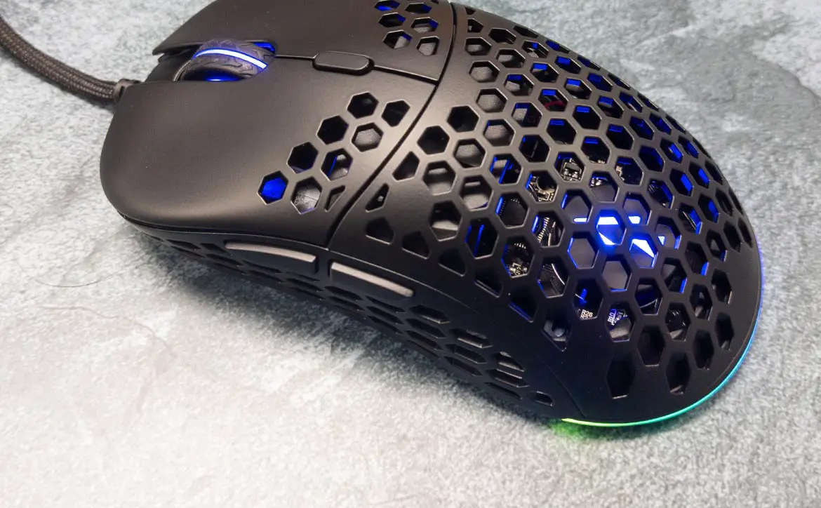 The Dark Matter by Monoprice Hyper-K 40430 Ultralight Optical Gaming Mouse showing the RGB LEDs