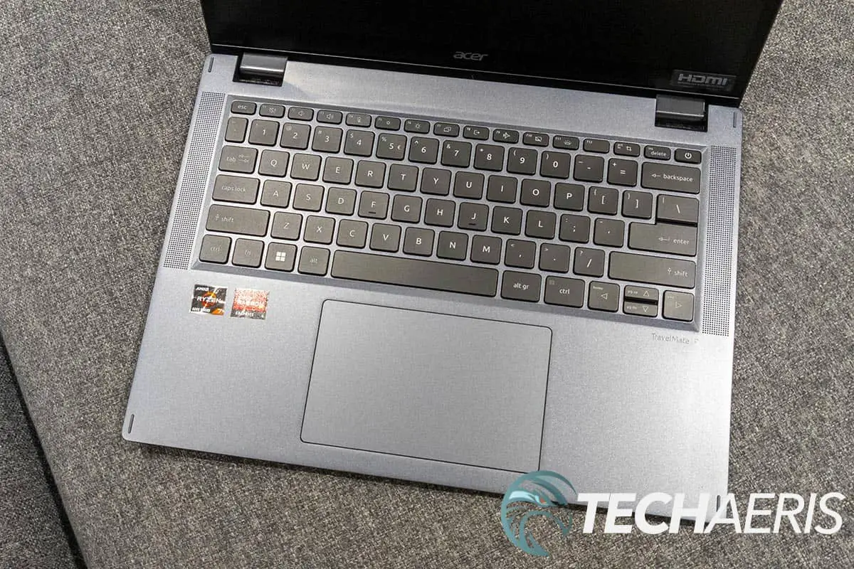 The keyboard and tracekpad on the Acer TravelMate Spin P4 2-in-1 convertible laptop