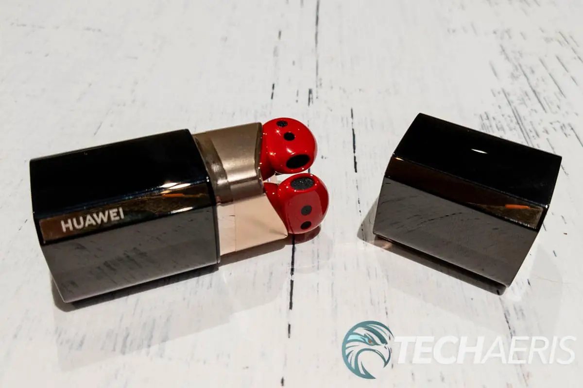 The HUAWEI FreeBuds Lipstick true wireless earbuds in charging case